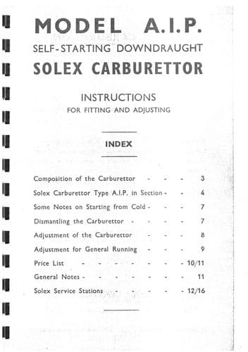 Solex Carburettor Self Starting Downdraught Model AIP 30 Operators Manual