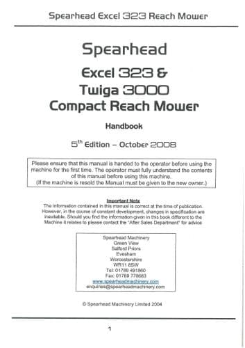 Spearhead Compact Reach Mower Excel 323 & Twiga 3000 Operators Manual