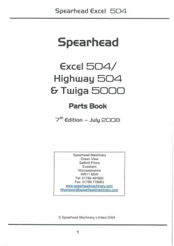 Spearhead Reach Mower Excel 504, Highway 8504 & Twiga 5000 Parts Manual