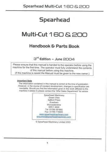 Spearhead Rotary Mower Multicut 160 & 200 Operators Manual and Spare Parts List