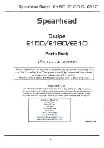 Spearhead Rotary Mower Swipe E150 E180 & E210 Parts Manual