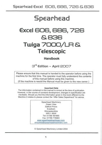 Spearhead Telescopic Reach Mower Excel 606 686 726 836 Twiga 7000 LR Operators Manual
