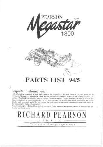 Standen Pearson De-Stoner De-Clodder Megastar 1800 1994-1995 Parts Manual