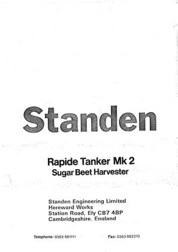 Standen Sugar Beet Harvester Rapide Tanker Mk2 Operators Manual
