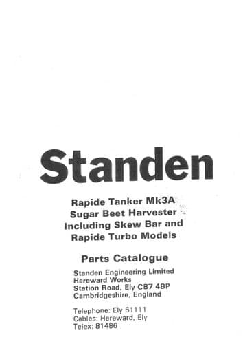 Standen Sugar Beet Harvester Rapide Tanker Mk3A Parts Manual