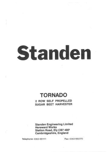 Standen Sugar Beet Harvester Two Row Tornado Operaotrs Manual