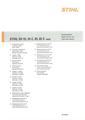 Sthil Backpack Leaf Blower SH55 SH55C SH85 SH85C Parts Manual