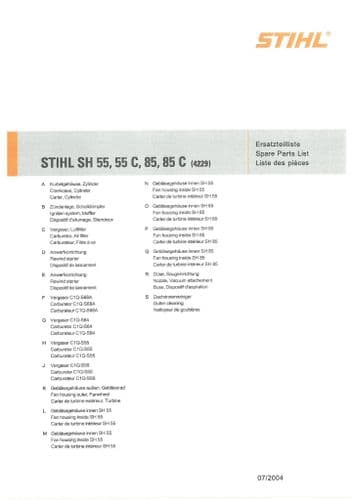 Sthil Backpack Leaf Blower SH55 SH55C SH85 SH85C Parts Manual
