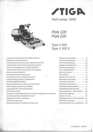 Stiga Park Series Ride on Mower Park 120 220 Type V302 302S Operators Manual