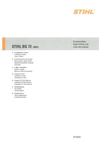 Stihl Backpack Leaf Blower BG72 Parts Manual