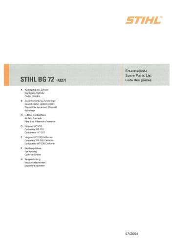 Stihl Backpack Leaf Blower BG72 Parts Manual