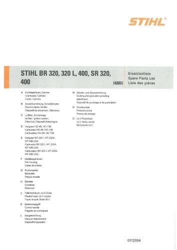 Stihl Backpack Leaf Blower BR320 BR320L BR400 SR320 SR400 Parts Manual