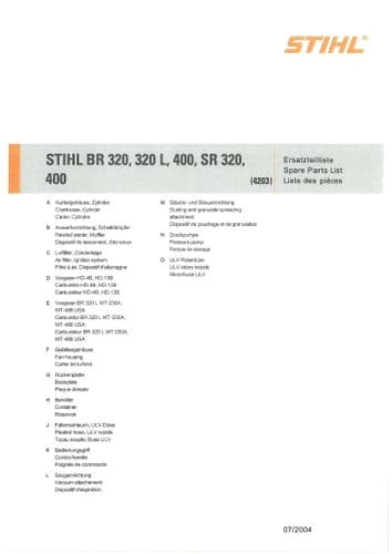 Stihl Backpack Leaf Blower BR340 BR320L BR400 SR320 SR400 Parts Manual