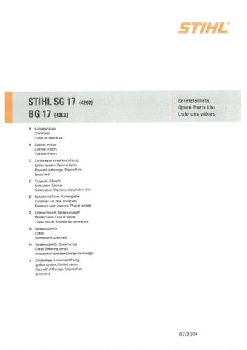 Stihl Backpack Leaf Blower SG17 BG17 Parts Manual