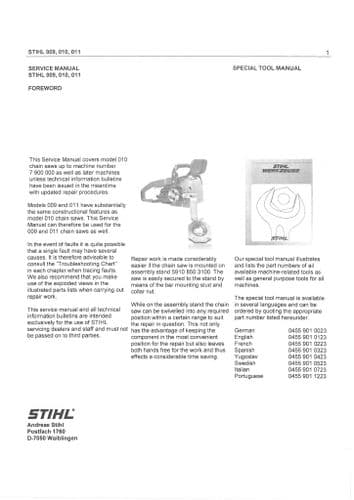 Stihl Chainsaw 009 010 011 Special Tools Workshop Service Manual