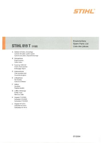Stihl Chainsaw 019T Parts Manual