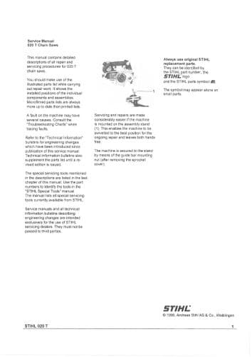 Stihl Chainsaw 020T Workshop Service Manual