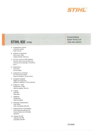 Stihl Chainsaw 032 Parts Manual