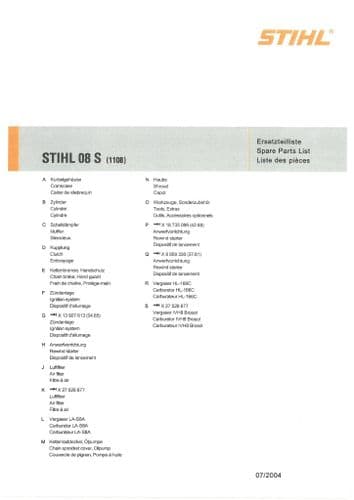 Stihl Chainsaw 08S Parts Manual