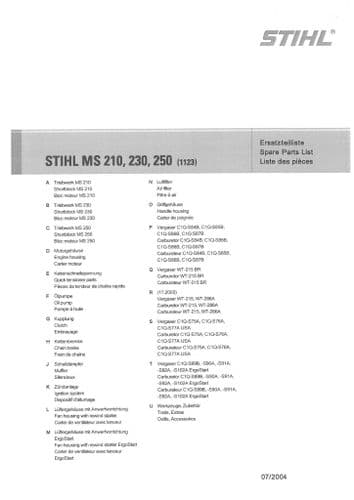 Stihl Chainsaw MS210 MS230 MS250 - 1123 Parts Manual