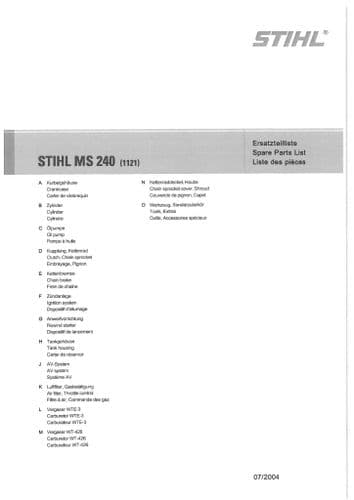Stihl Chainsaw MS240 - 1121 Parts Manual