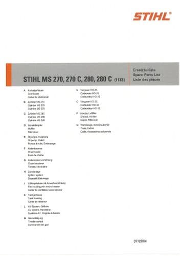 Stihl Chainsaw MS270 MS27C MS280 MS280C - 1133 Parts Manual