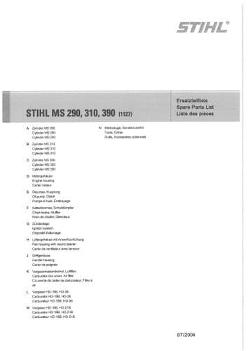 Stihl Chainsaw MS290 MS310 MS390 - 1127 Parts Manual