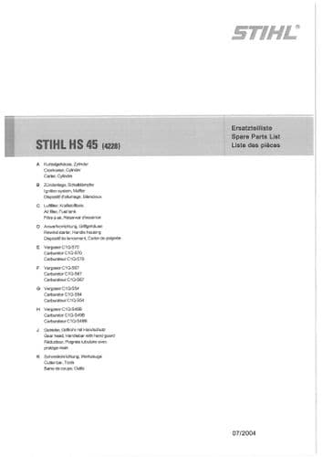 Stihl Hedge Trimmer HS45 - 4228 Parts Manual