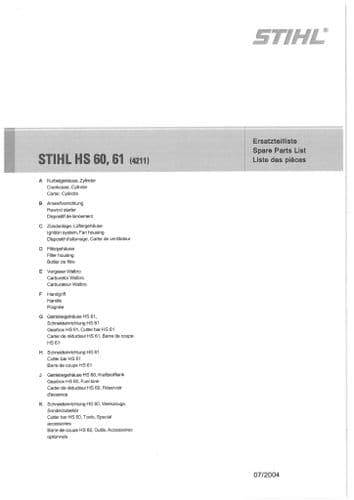 Stihl Hedge Trimmer HS60 & HS61 - 4211 Parts Manual