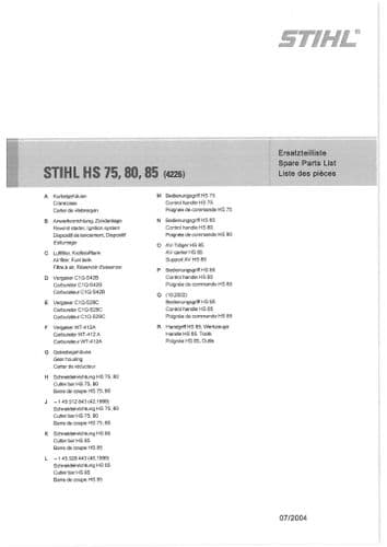 Stihl Hedge Trimmer HS75 HS80 HS85 - 4226 Parts Manual