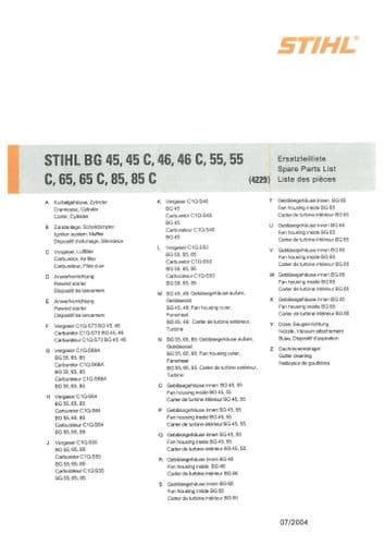 Stilh Backpack Leaf Blower BG 45, 45C, 46, 46C, 55, 55C 65 65C 85 85C Parts Manual