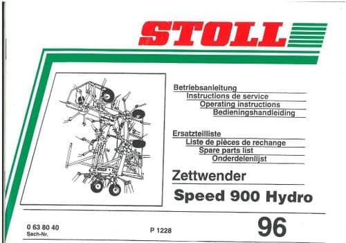 Stoll Hay Tedder Speed 900 Hydro Rake Windrower Operators Manual with Parts Manual