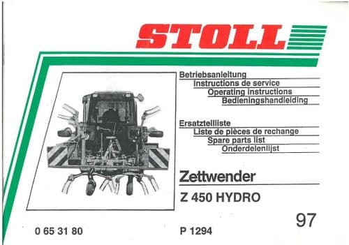 Stoll Z450D Hydro Rake Windrower Hay Tedder Operators Manual with Parts Manual