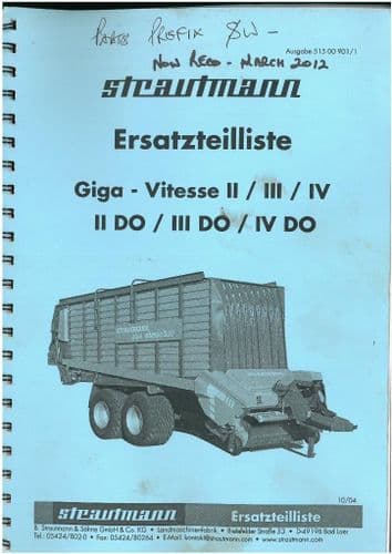 Strautmann Self-filling Trailer Giga-Vitesse II III IV, II DO, III DO, IV DO Forager Parts Manual -