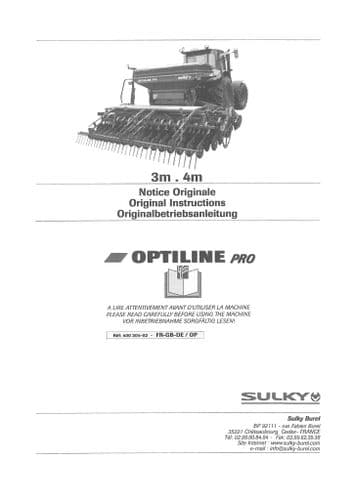 Sulky Seed Drill Optiline Pro 3M 4M Operators Manual