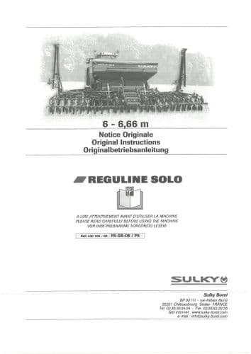 Sulky Seed Drill Reguline Solo 6M & 6.66M Operators Manual