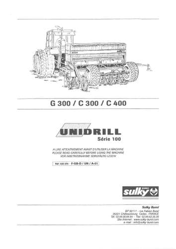 Sulky Seed Drill Unidrill G300 C300 C400 Operators Manual
