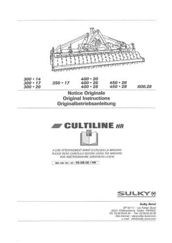 Sulky Soil Separation Cultline HR 300.14 300.17 300.26 350.17 400.20  Operators Manual