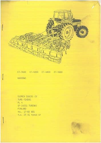 Suomen Sokeri Harrow ET3600 ET4000 ET4800 ET5600 Operators Manual with Parts List