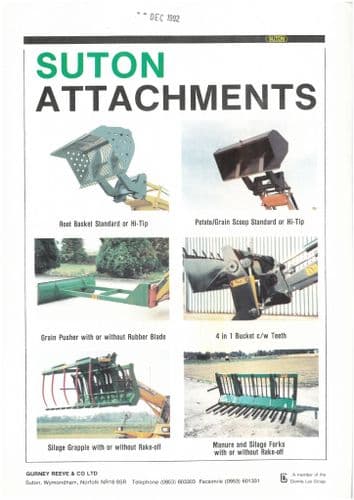 Suton Attachments Brochure - Root Basket, Grain Scoop, Grain Pusher, Silage Grapple