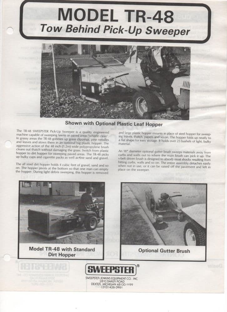 Sweepster Model TR-48 Tow Behind Pick-Up Sweeper Brochure