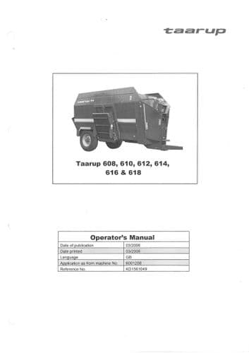 Taarup Diet Feeder Mixer Wagon 608 610 612 614 616 618 Operators Manual with Digistar and TMRscale