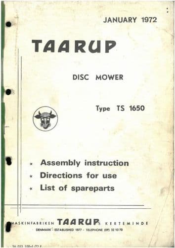 Taarup Disc Mower TS1650 Operators Manual with Parts List - TS 1650