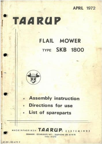 Taarup Flail Mower SKB1800 Operators Manual with Parts List - SKB 1800