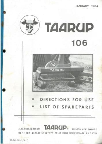 Taarup Forage Harvester 106 Operators Manual with Parts List -  106 - ORIGINAL