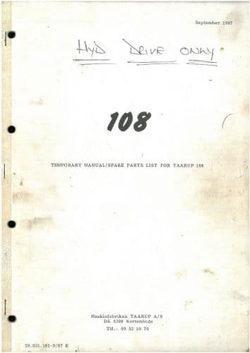 Taarup Forage Harvester 108 ''Hyd Drive Only'' Operators Manual and Parts List
