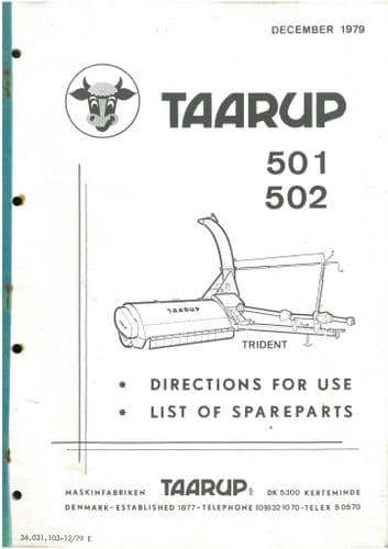 Taarup Forage Harvester 501 & 502 Operators Manual With Parts List ORIGINAL