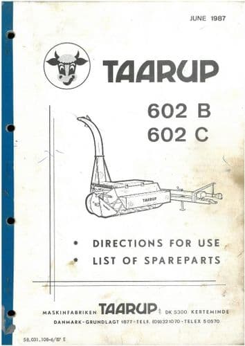 Taarup Forage Harvester 602B 602C Operators Manual with Parts List - Forager 602 B C
