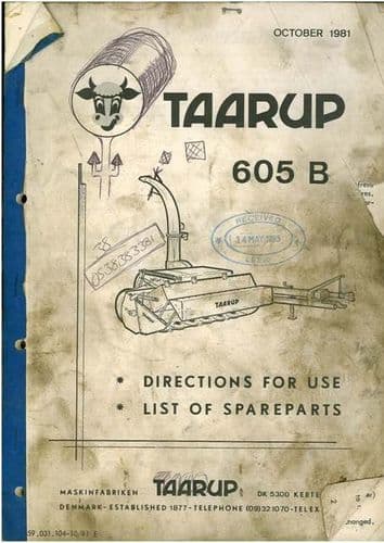 Taarup Forage Harvester 605B Operators Manual with Parts List - Forager 605 B