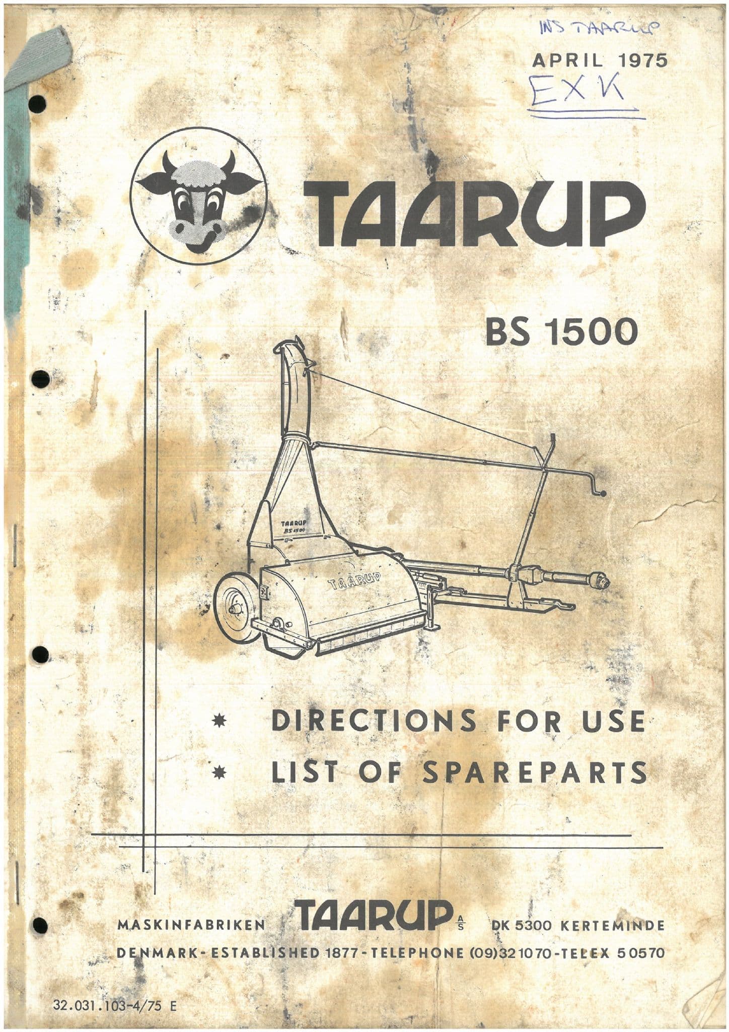 Taarup Forage Harvester BS1500 Operators Manual with Parts List - ORIGINAL
